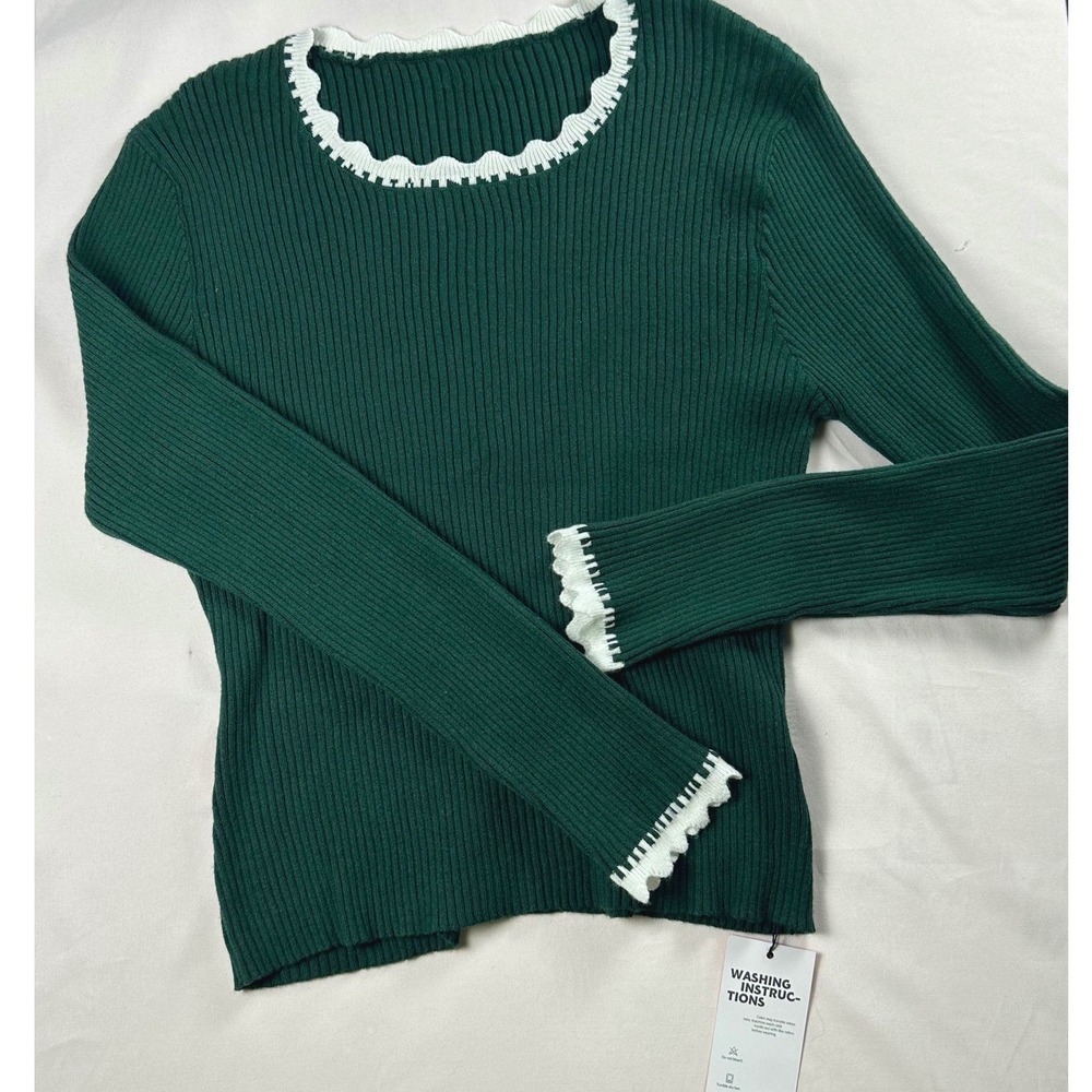 NWT Emmiol Dark Green Ribbed Knit Scalloped Trim Long Sleeve Sweater XL/Classic